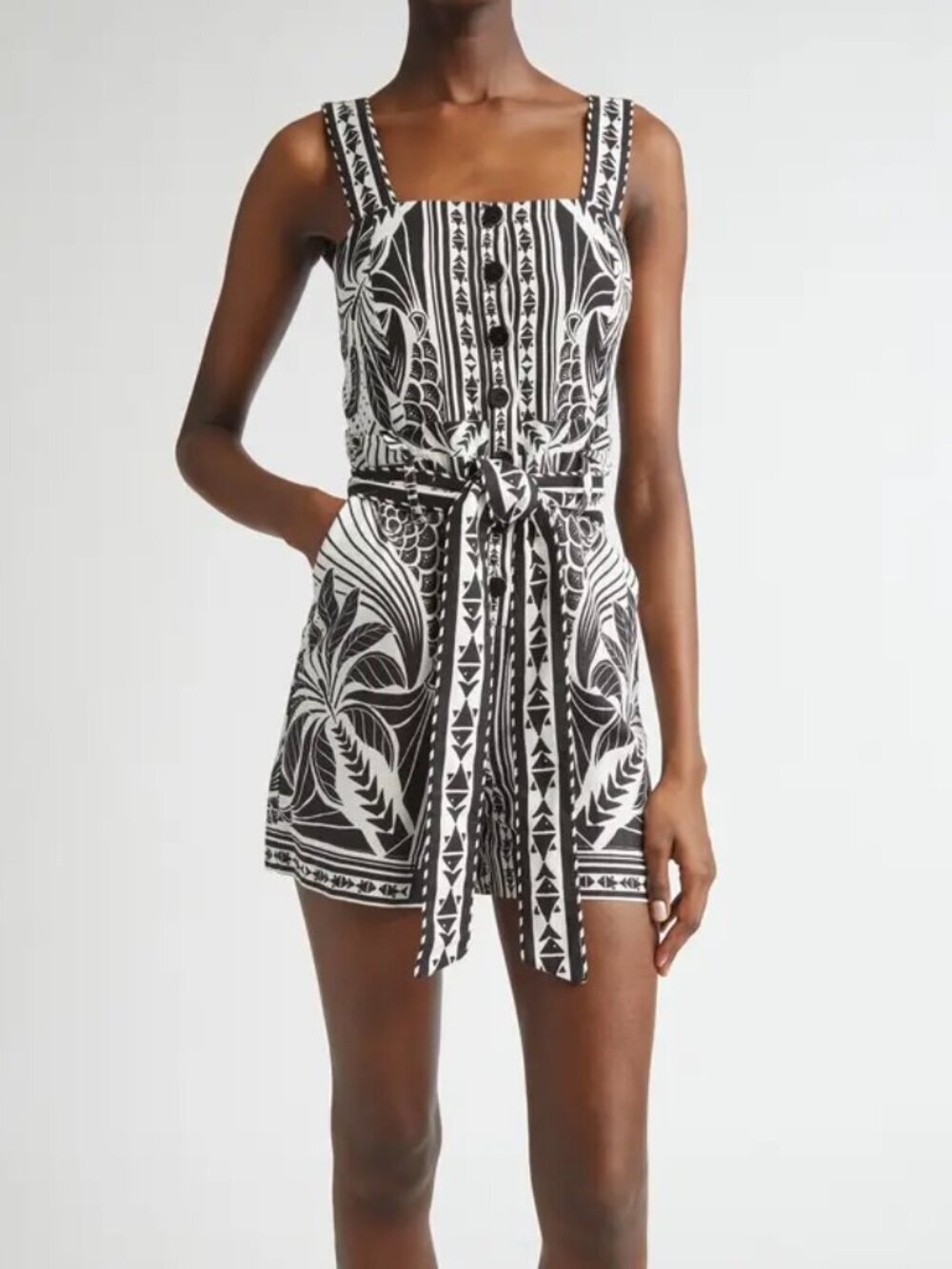 Farm Rio Monochrome Elegance Black White Belted Romper Playsuit M​